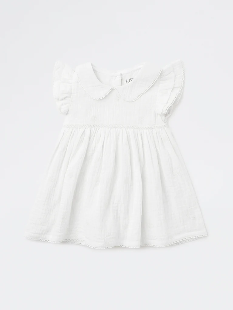 HOP Baby Girls White Crinkle-Textured A-Line Cotton Dress - Image 2