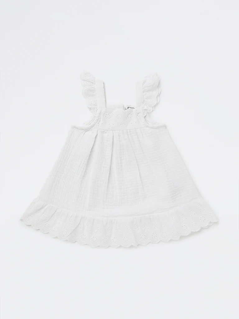 HOP Baby Girls White Crinkle-Textured A-line Cotton Dress
