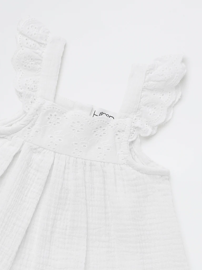 HOP Baby Girls White Crinkle-Textured A-line Cotton Dress - Image 3