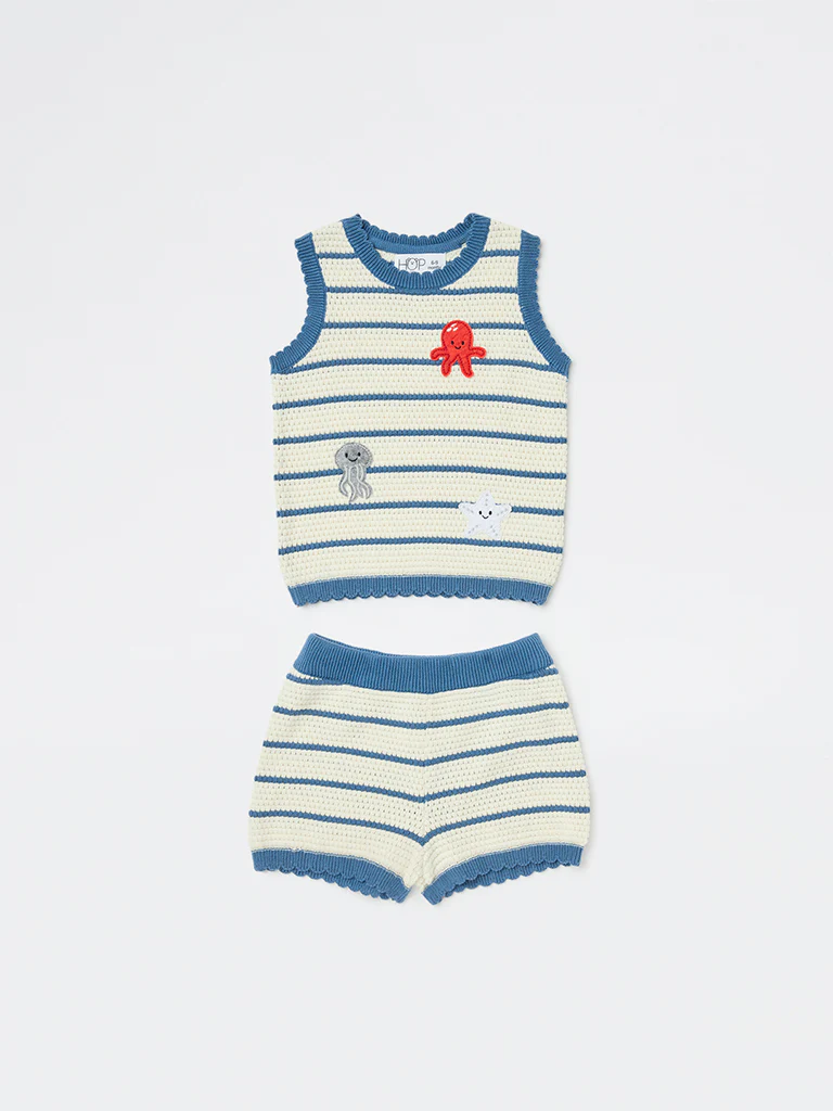 HOP Baby Girls White Crochet-Knit Cotton Top and Shorts Set - Image 2