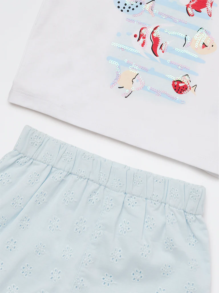 HOP Baby Girls White Embellished Cotton T-Shirt and Shorts Set - Image 4