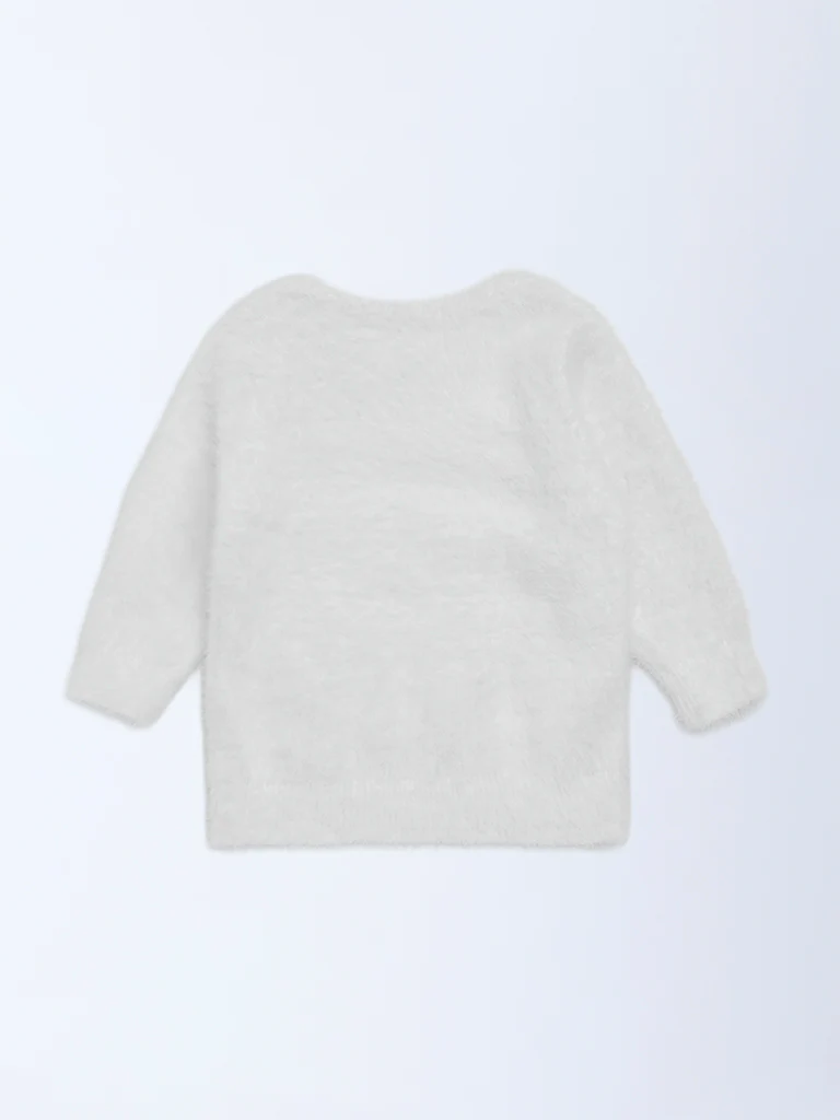 HOP Baby Girls White Embellished Fleece Sweater - Image 3