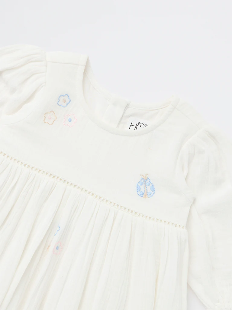 HOP Baby Girls White Embroidered A-Line Cotton Dress - Image 4