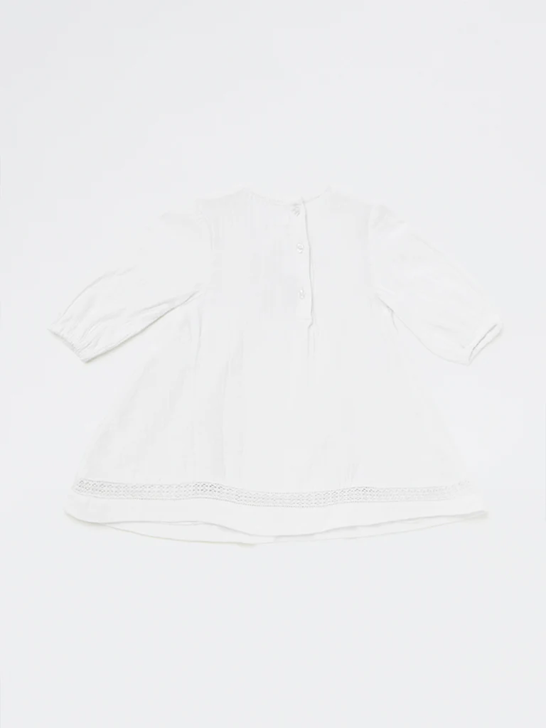 HOP Baby Girls White Embroidered Cotton A-Line Dress - Image 3