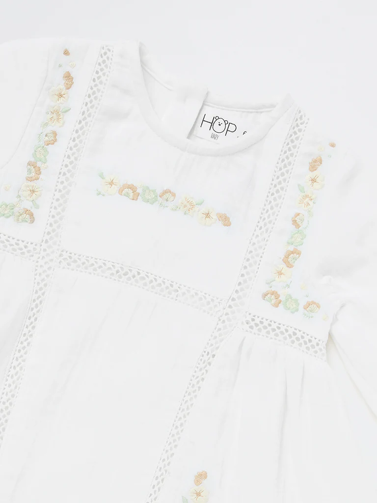 HOP Baby Girls White Embroidered Cotton A-Line Dress - Image 4