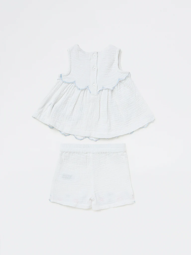 HOP Baby Girls White Embroidered Cotton A-Line Dress and Shorts Set - Image 3
