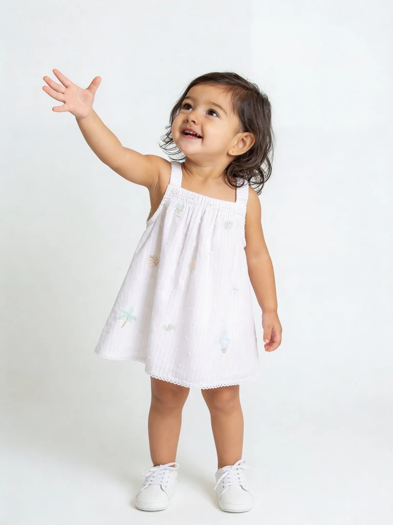 HOP Baby Girls White Embroidered Cotton Dress