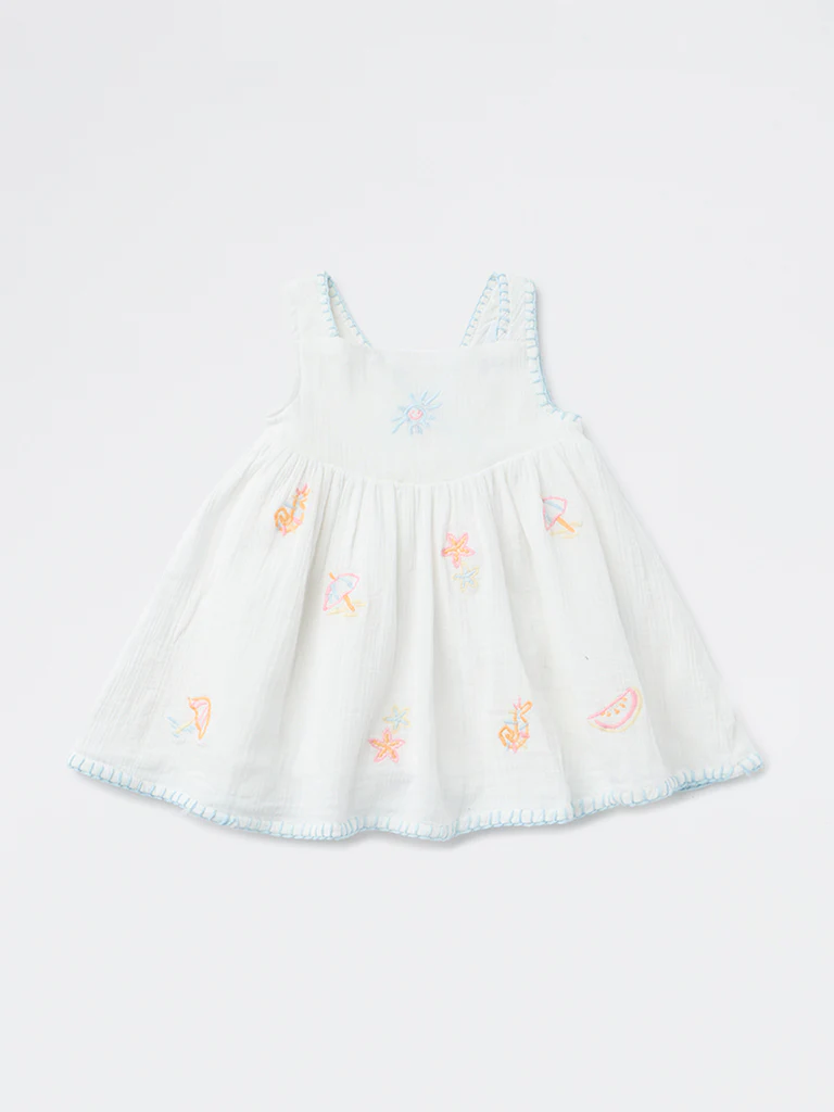 HOP Baby Girls White Embroidered Cotton Dress - Image 2