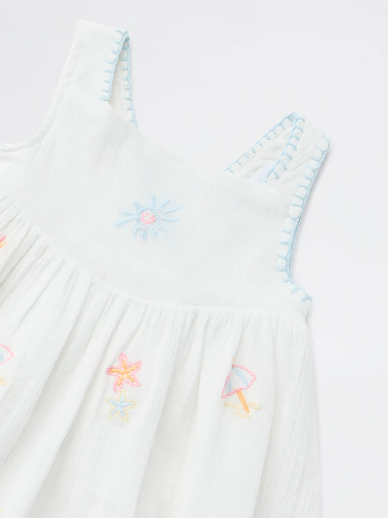 HOP Baby Girls White Embroidered Cotton Dress - Image 4