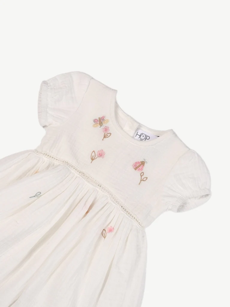 HOP Baby Girls White Embroidered Cotton Fit and Flare Dress - Image 4