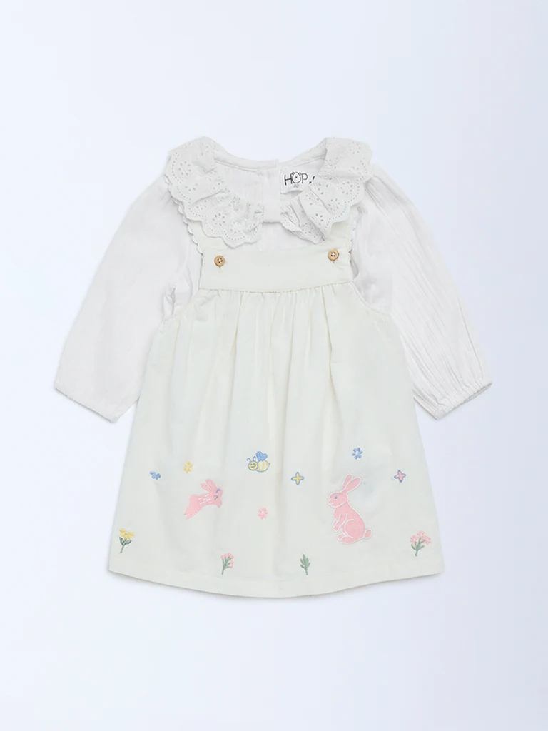 HOP Baby Girls White Embroidered Cotton Pinafore and Top Set