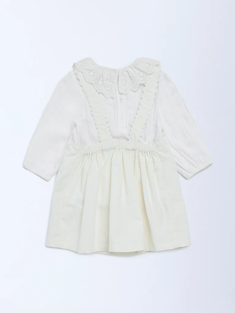 HOP Baby Girls White Embroidered Cotton Pinafore and Top Set - Image 2