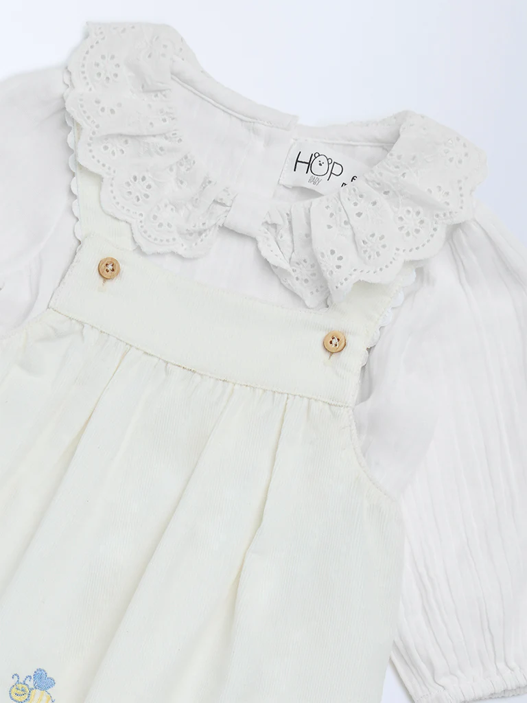 HOP Baby Girls White Embroidered Cotton Pinafore and Top Set - Image 3