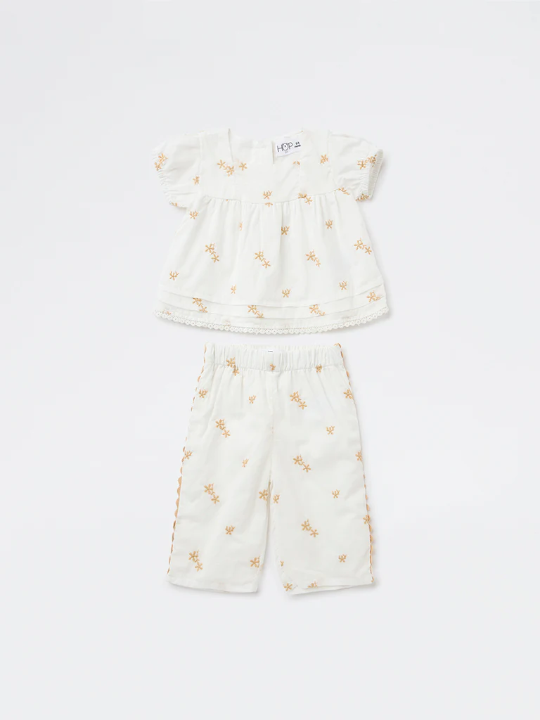 HOP Baby Girls White Embroidered Cotton Top and Pants Set - Image 2