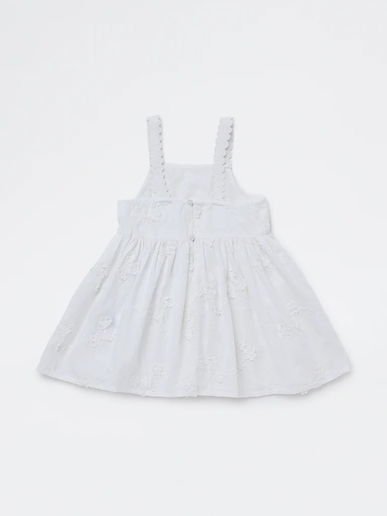HOP Baby Girls White Embroidered Fit-and-Flare Cotton Dress - Image 3