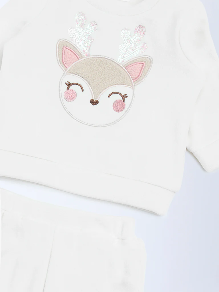 HOP Baby Girls White Embroidered Sweatshirt and Joggers Set - Image 4