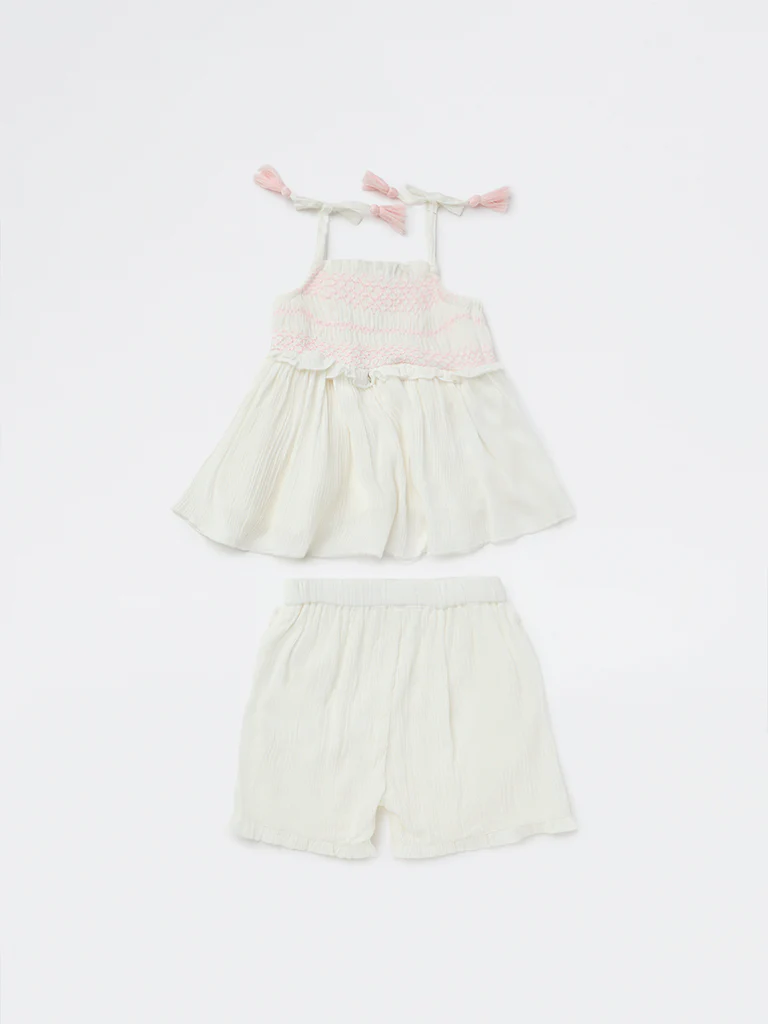 HOP Baby Girls White Embroidered Top and Shorts Set - Image 2