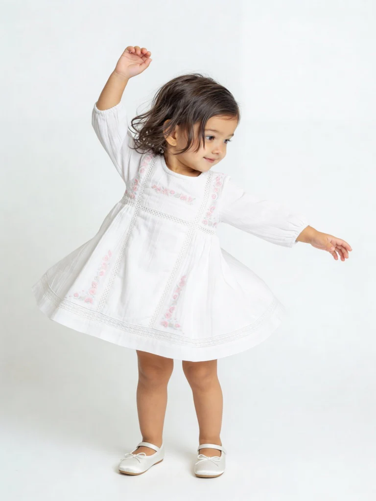 HOP Baby Girls White Floral Embroidered A-Line Cotton Dress