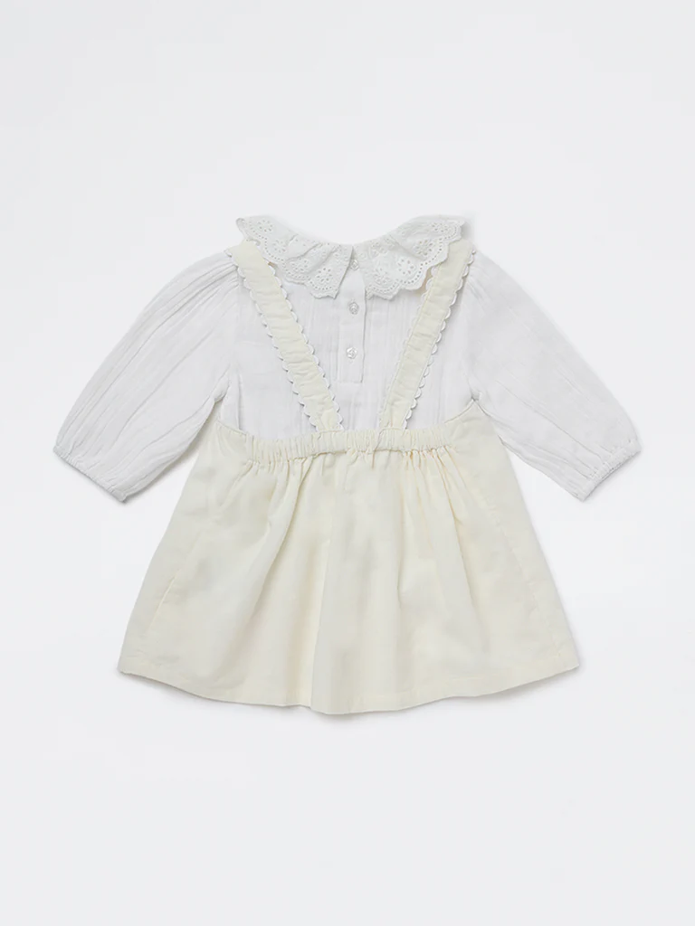 HOP Baby Girls White Floral Embroidered Cotton A-Line Dress - Image 3