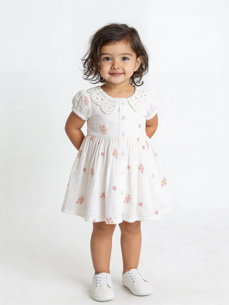 HOP Baby Girls White Floral Embroidered Cotton Dress