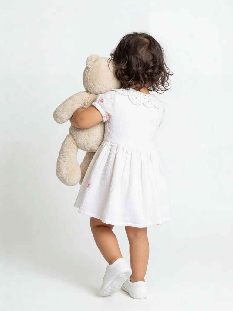HOP Baby Girls White Floral Embroidered Cotton Dress - Image 2