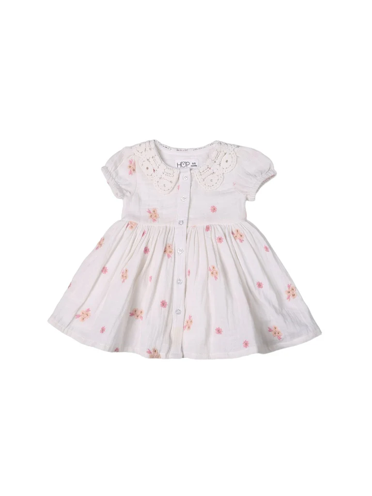 HOP Baby Girls White Floral Embroidered Cotton Dress - Image 3