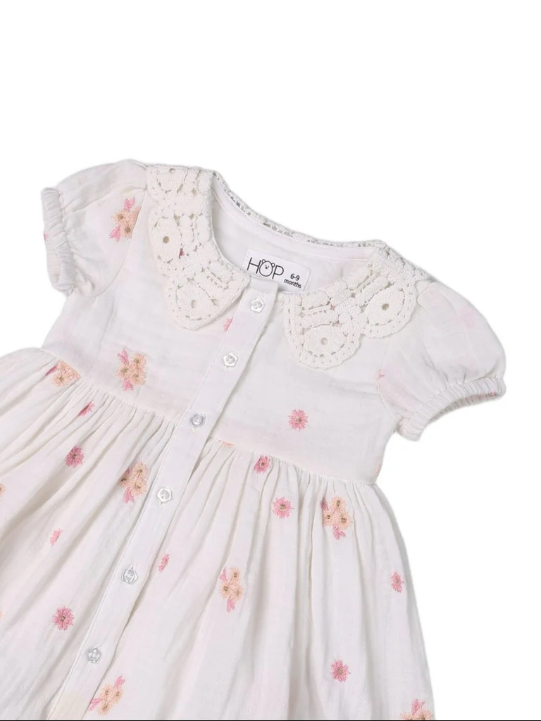 HOP Baby Girls White Floral Embroidered Cotton Dress - Image 5
