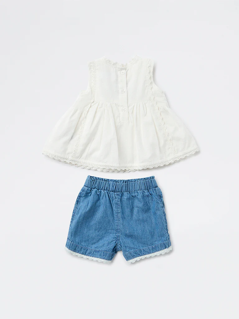 HOP Baby Girls White Floral Embroidered Cotton Top and Shorts Set - Image 3