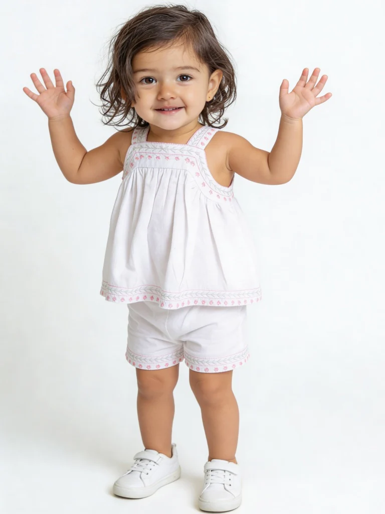 HOP Baby Girls White Floral Embroidered Top and Shorts Set
