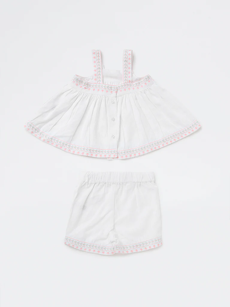 HOP Baby Girls White Floral Embroidered Top and Shorts Set - Image 2