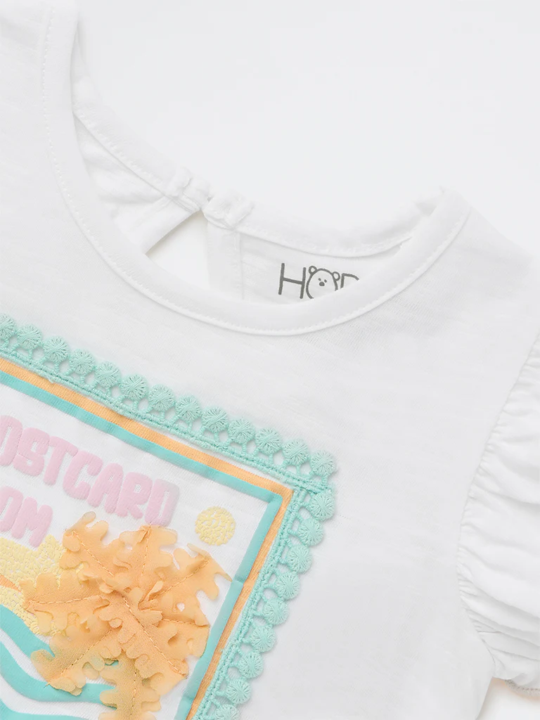 HOP Baby Girls White Graphic Printed Cotton Top - Image 4