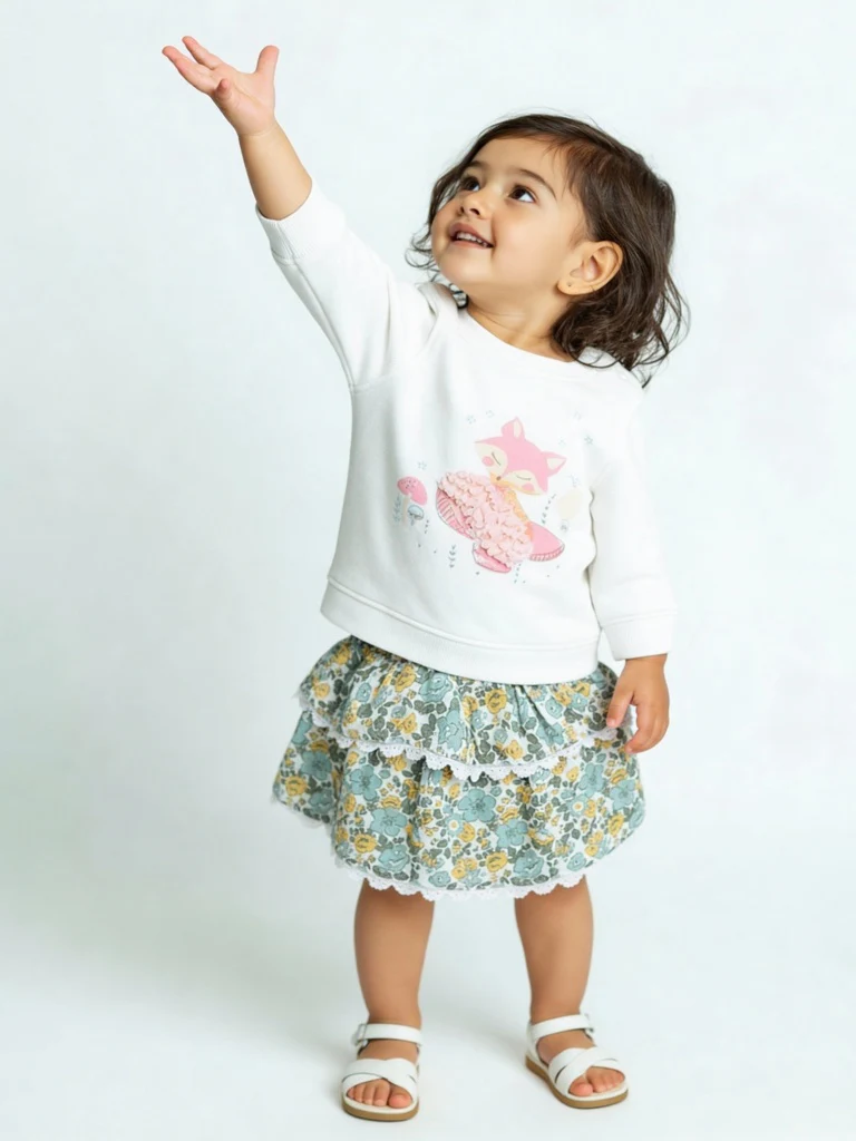 HOP Baby Girls White Printed Cotton-Blend Sweatshirt and Skirt Set