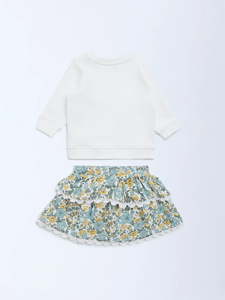 HOP Baby Girls White Printed Cotton-Blend Sweatshirt and Skirt Set - Image 3
