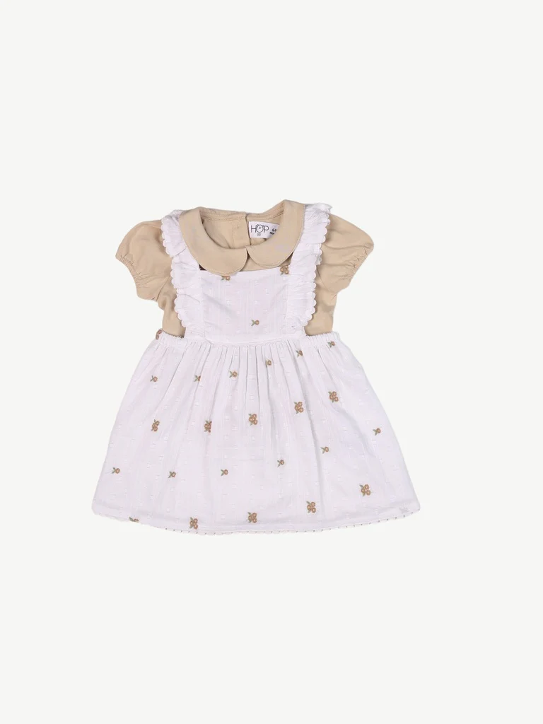 HOP Baby Girls White Printed Cotton Pinafore and T-Shirt Set - Image 2