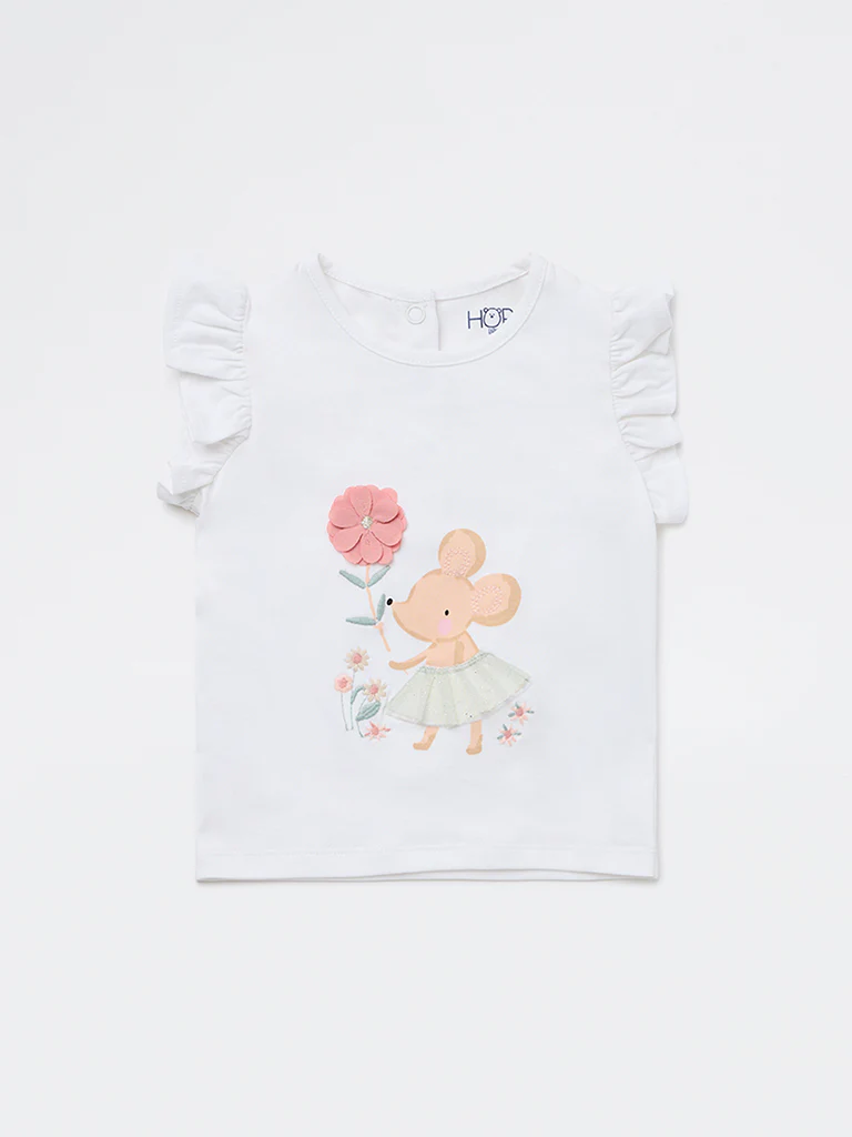 HOP Baby Girls White Printed Cotton Top - Image 2