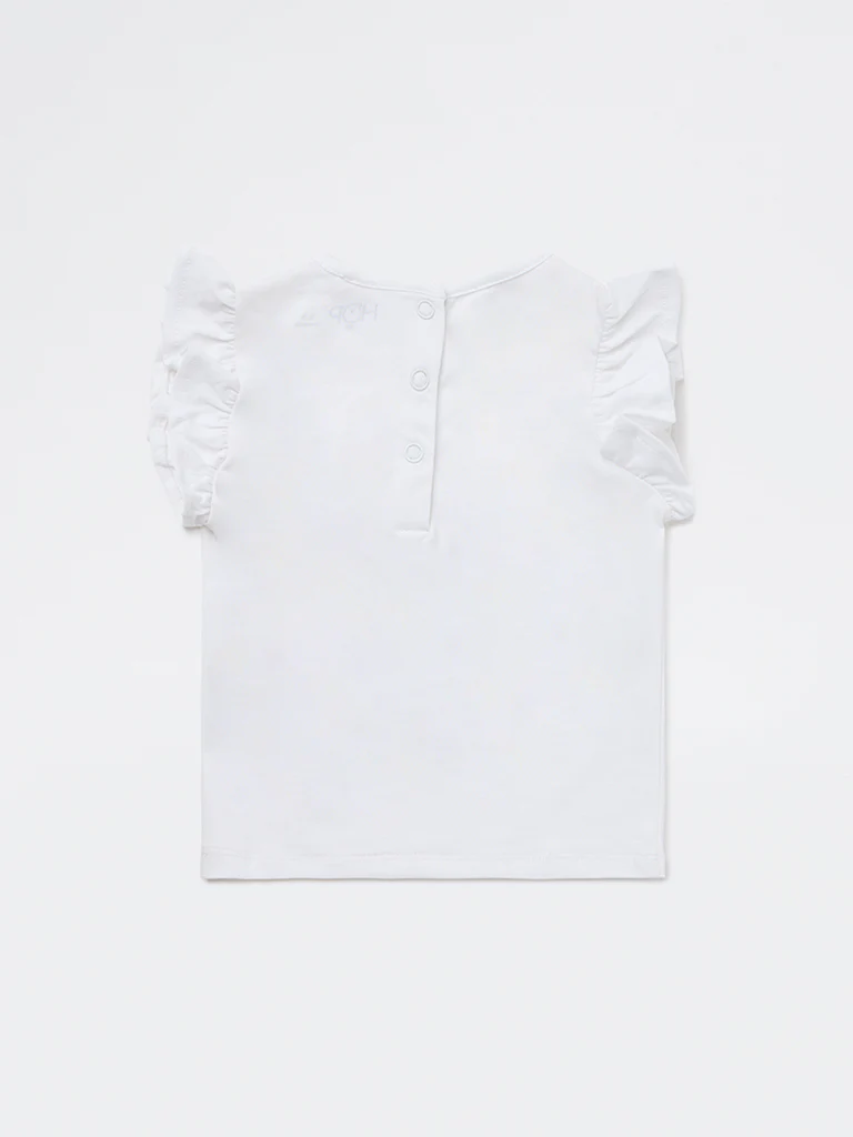 HOP Baby Girls White Printed Cotton Top - Image 3