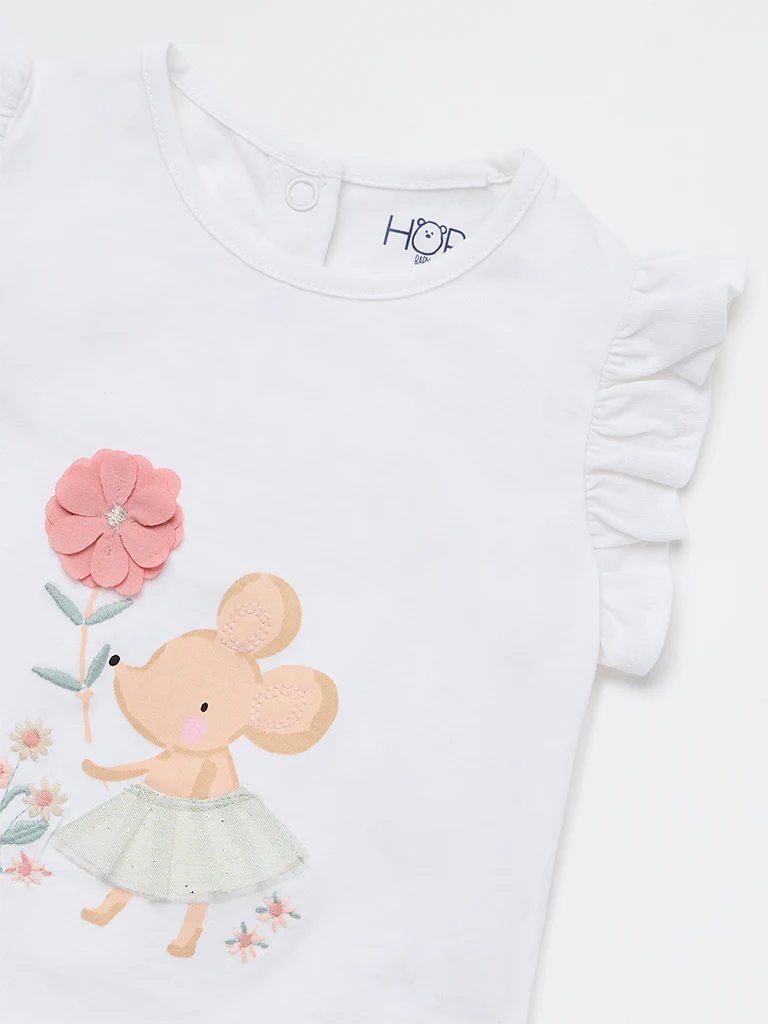 HOP Baby Girls White Printed Cotton Top - Image 4