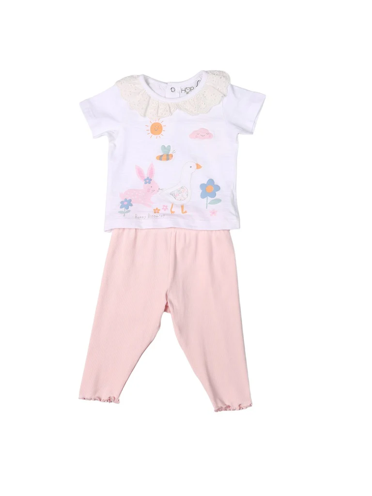 HOP Baby Girls White Printed Cotton Top and Pants Set - Image 3
