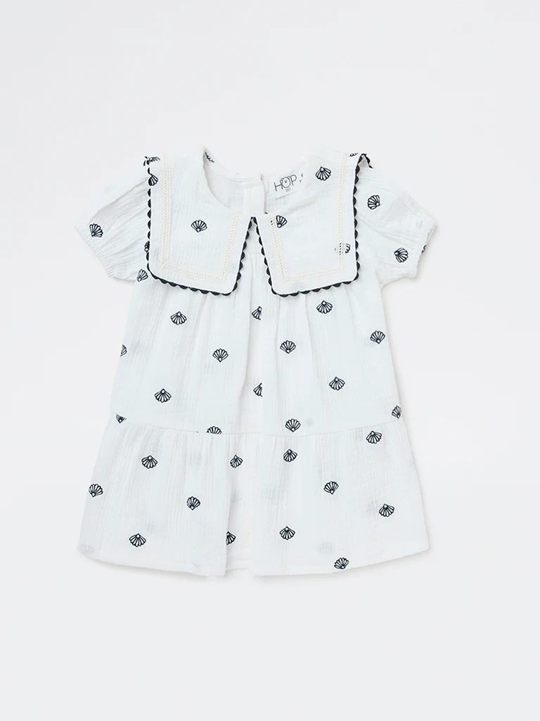 HOP Baby Girls White Shell Detailed A-Line Cotton Dress - Image 2