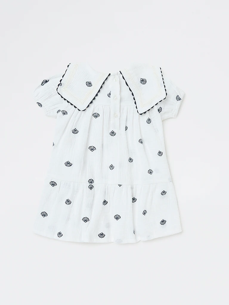 HOP Baby Girls White Shell Detailed A-Line Cotton Dress - Image 3