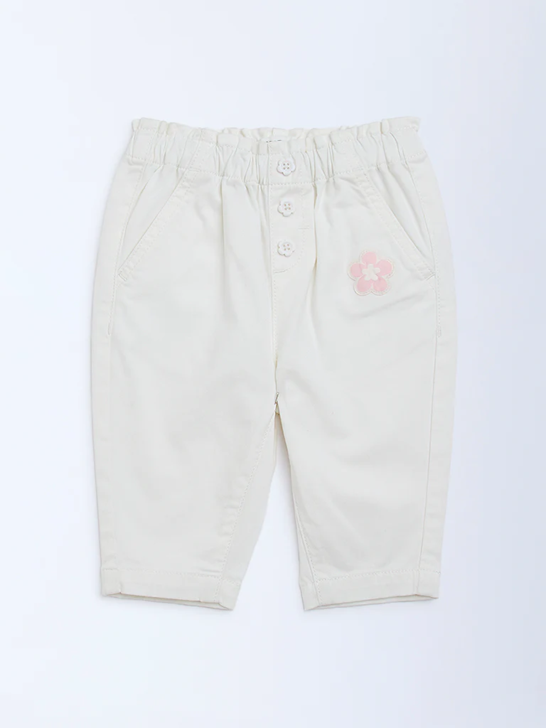 HOP Baby Girls White Solid High-Rise Cotton-Blend Pants - Image 3