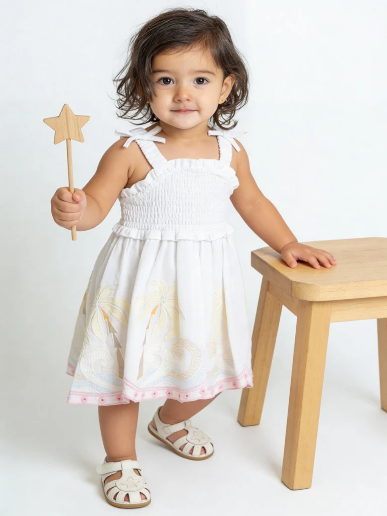 HOP Baby Girls White Tropical Printed A-line Cotton Dress