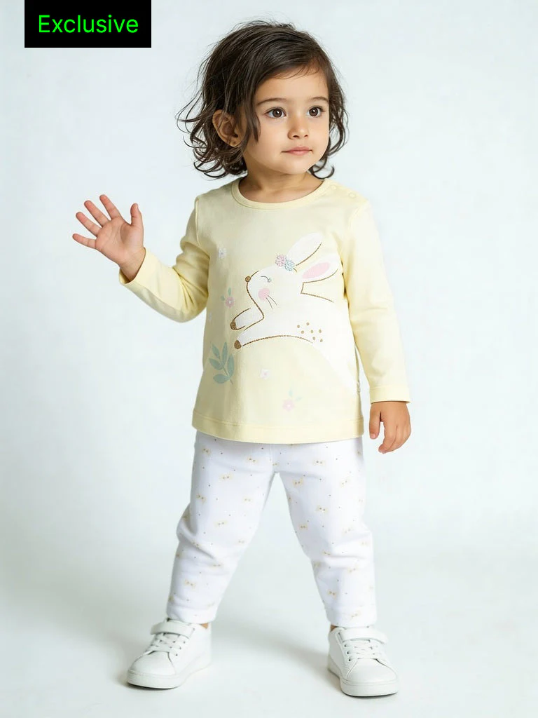 HOP Baby Girls Yellow Animal Design Cotton T-Shirt and Pants Set - Exclusive
