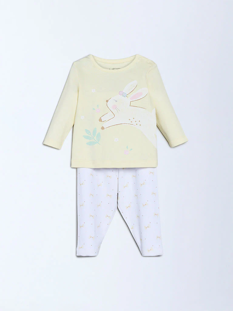 HOP Baby Girls Yellow Animal Design Cotton T-Shirt and Pants Set - Exclusive - Image 3