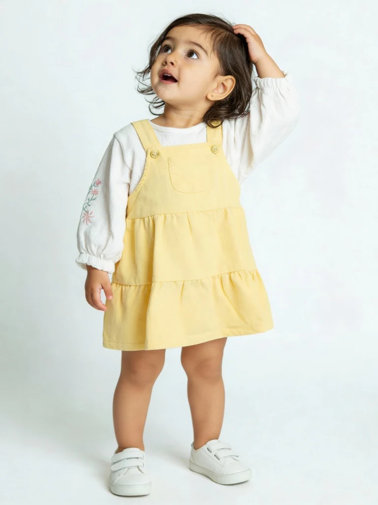 HOP Baby Girls Yellow Cotton Pinafore and Top Set