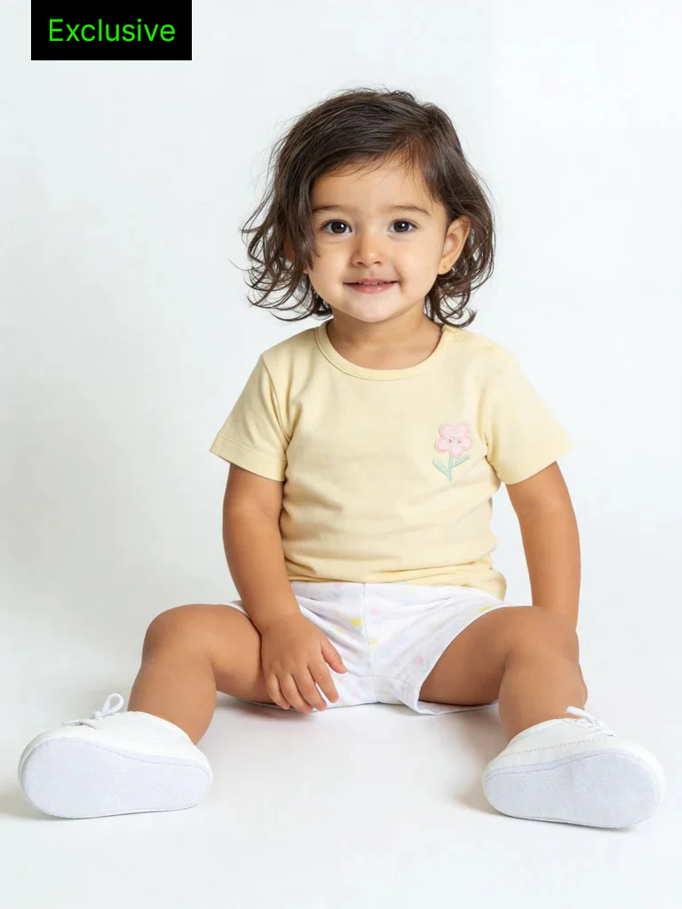 HOP Baby Girls Yellow Cotton T-Shirt and Shorts Set - Exclusive