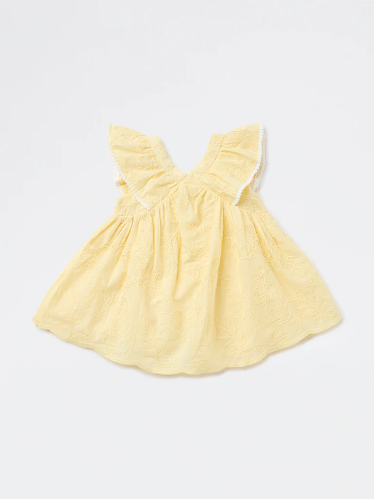 HOP Baby Girls Yellow Embroidered A-Line Cotton Dress - Image 2