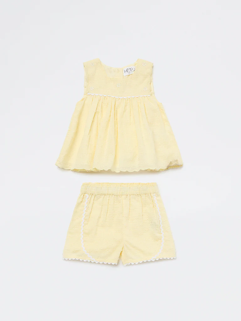 HOP Baby Girls Yellow Floral Embroidered Cotton Top and Shorts Set - Image 2