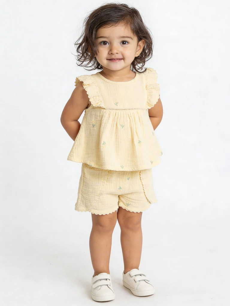 HOP Baby Girls Yellow Floral Embroidered Cotton Top and Shorts Set
