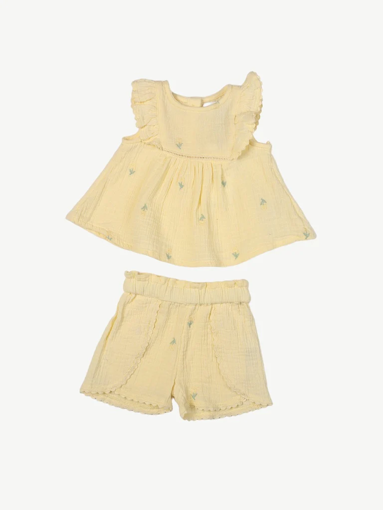 HOP Baby Girls Yellow Floral Embroidered Cotton Top and Shorts Set - Image 2